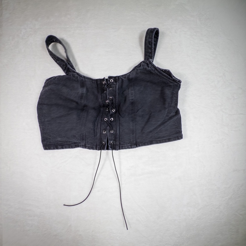 Womens Black Denim Corset Bustier Top‎ Lace Up Front Spaghetti Straps Crop Tank